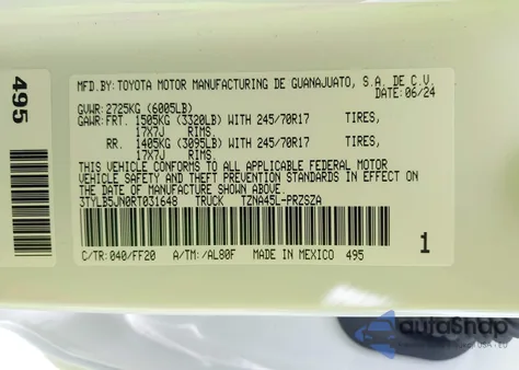 2024 Toyota Tacoma Sr5 4Wd из США, поврежденный, VIN 3TYLB5JN0RT031648